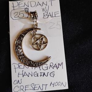 Silver Crescent Moon Pendant with Pentagram